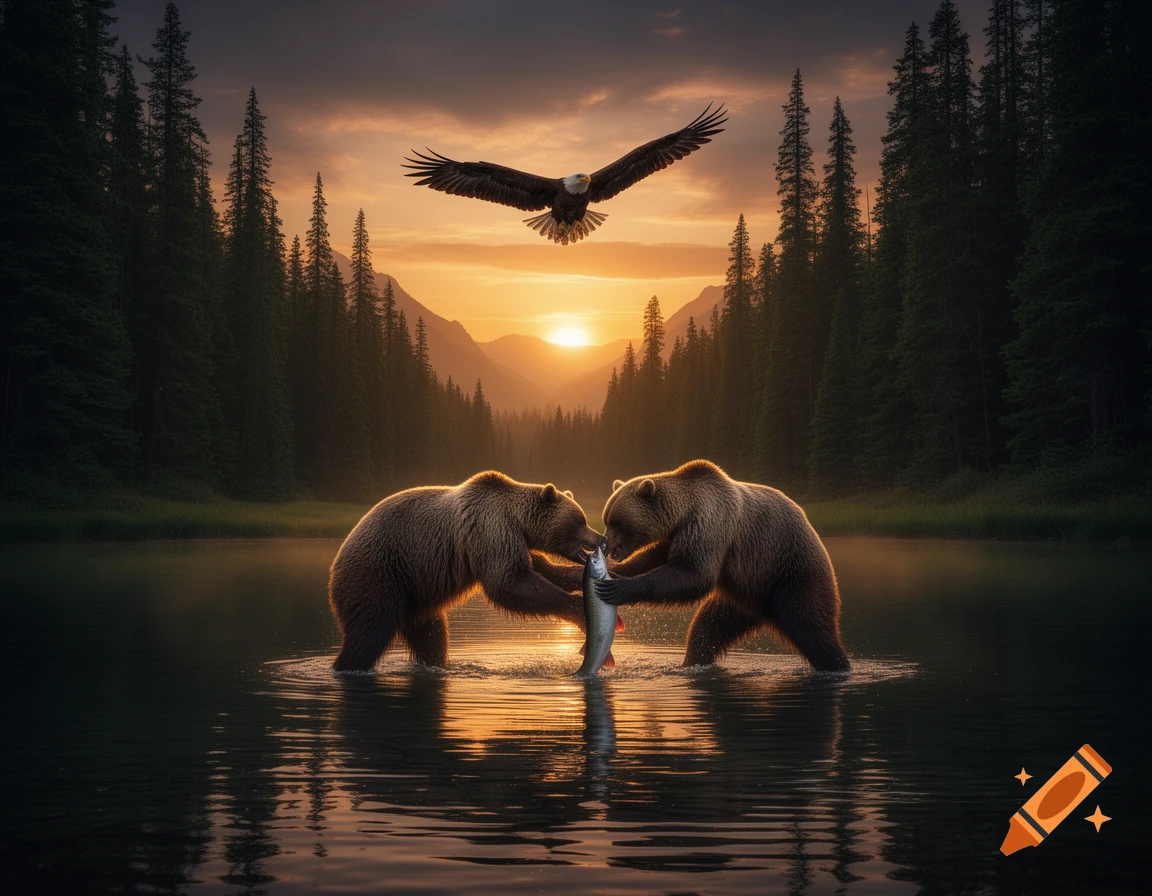 Two brown bears fight over a salmon in a mountain lake at sunset, with an eagle flying above a forest.