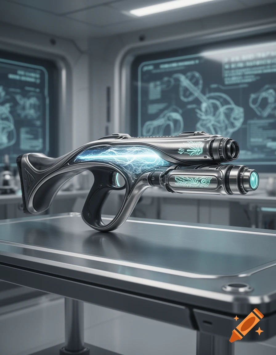 A shiny metallic alien rifle with glowing blue energy and a grenade launcher attachment rests on a table in a futuristic lab.