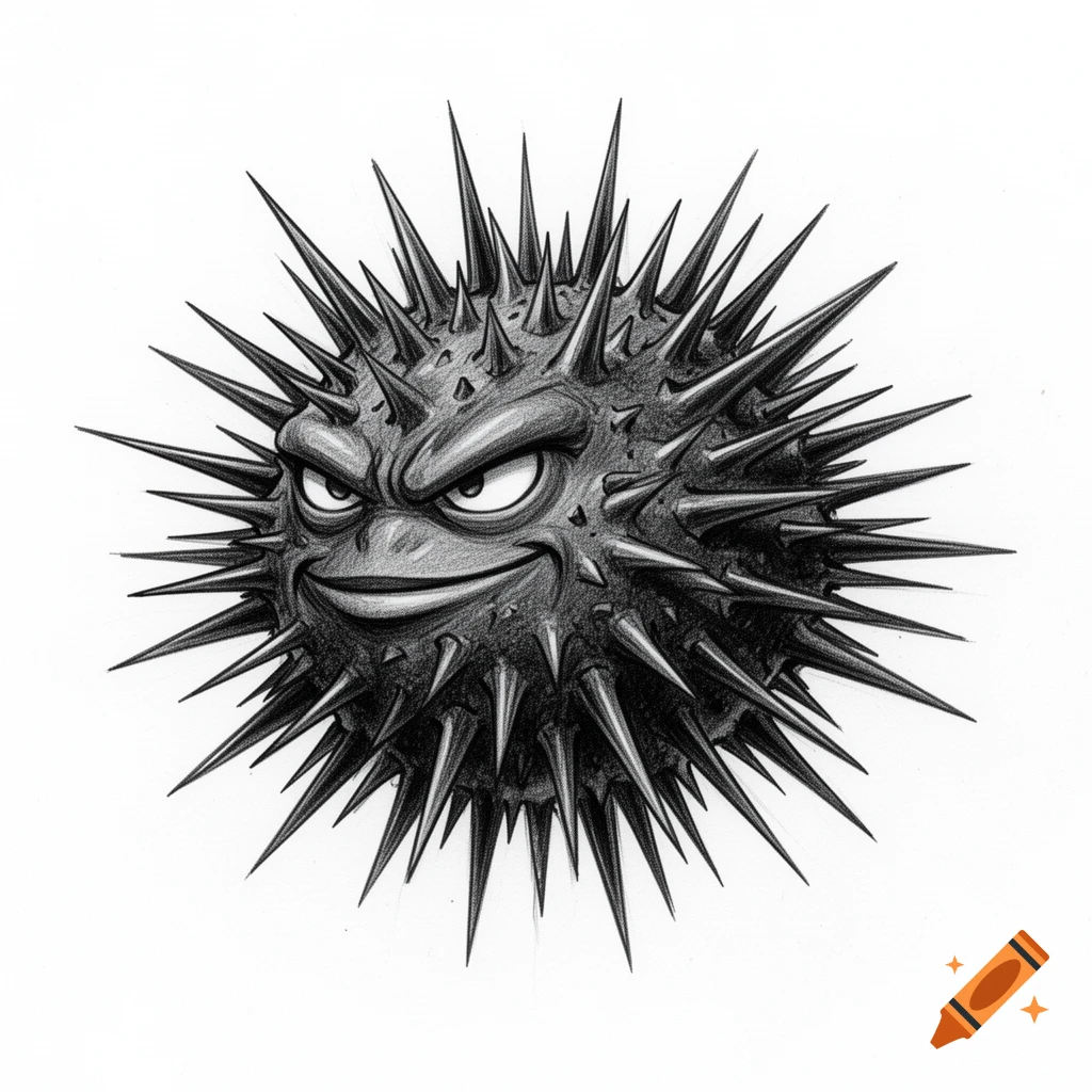 A black and white pencil drawing of a spiky, cartoonish sea urchin with an angry expression.