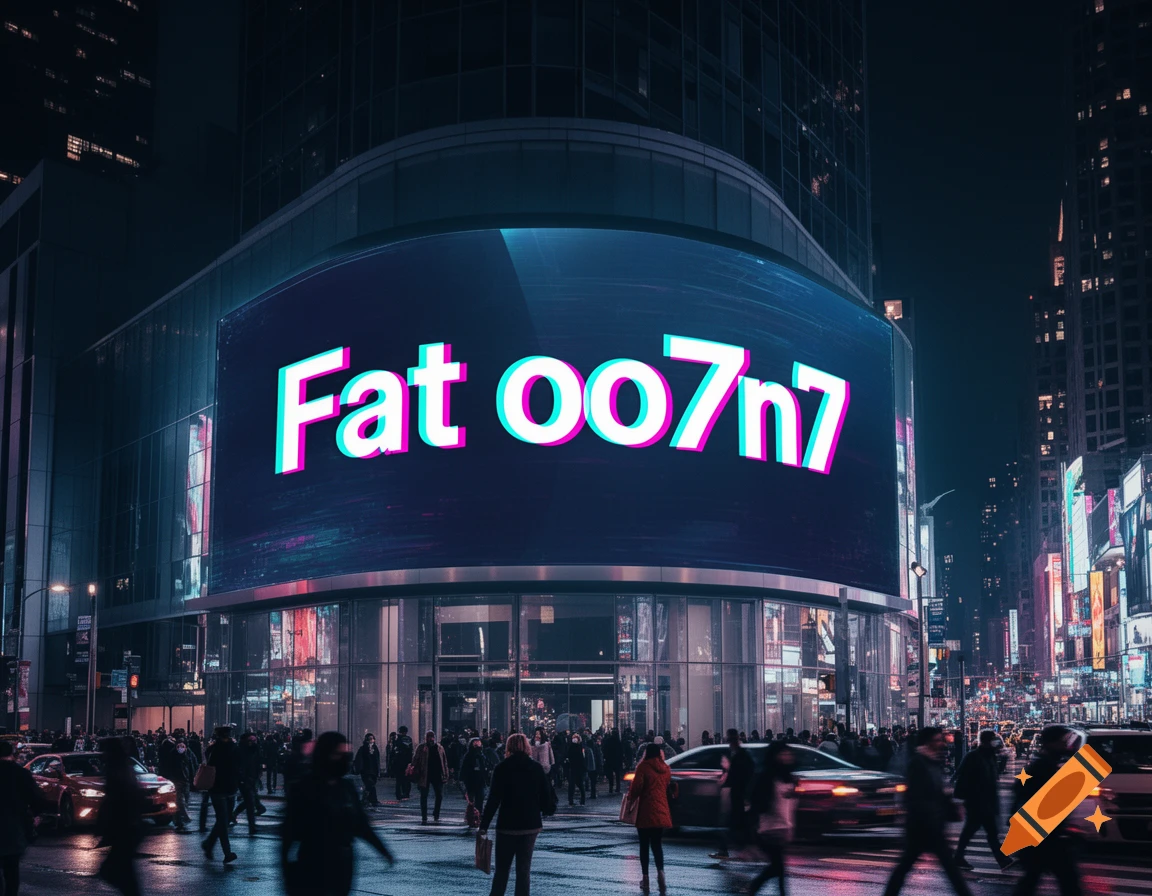 Photorealistic night cityscape with a large illuminated billboard displaying 'Fat oo7n7' and blurred pedestrians.