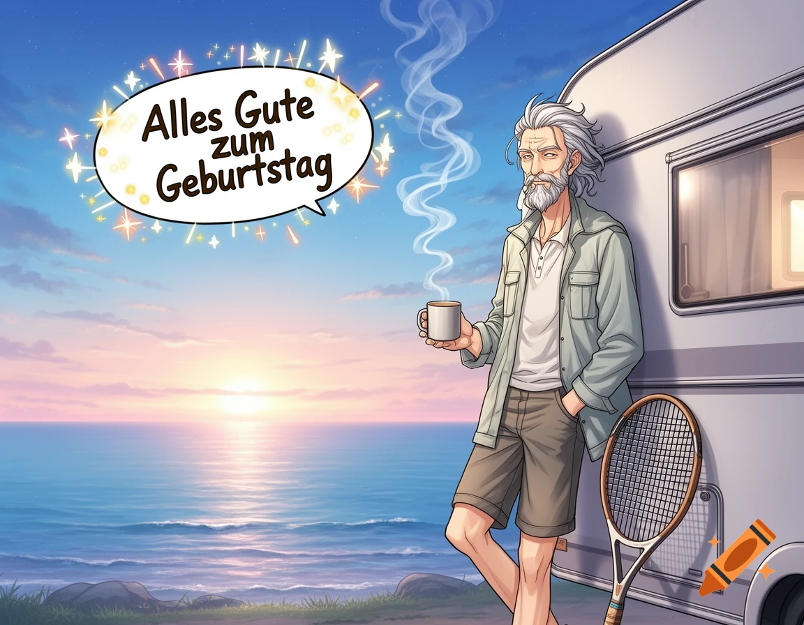 Anime illustration of an elderly man with a beard, holding a coffee cup, leaning against a camper van by the sea at sunset. A speech bubble says 'Happy Birthday'.
