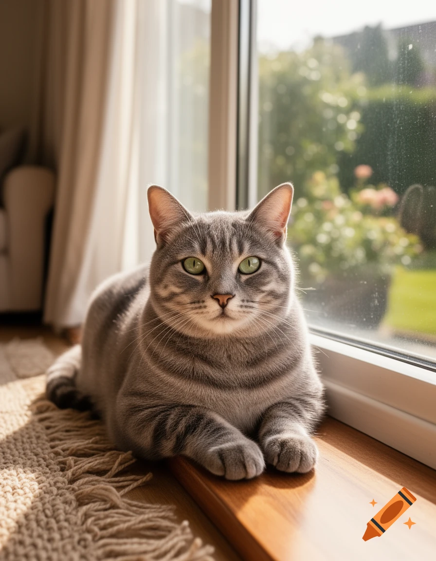 A gray tabby cat with green eyes lies by a sunny window on a wooden floor, bathed in sunlight.