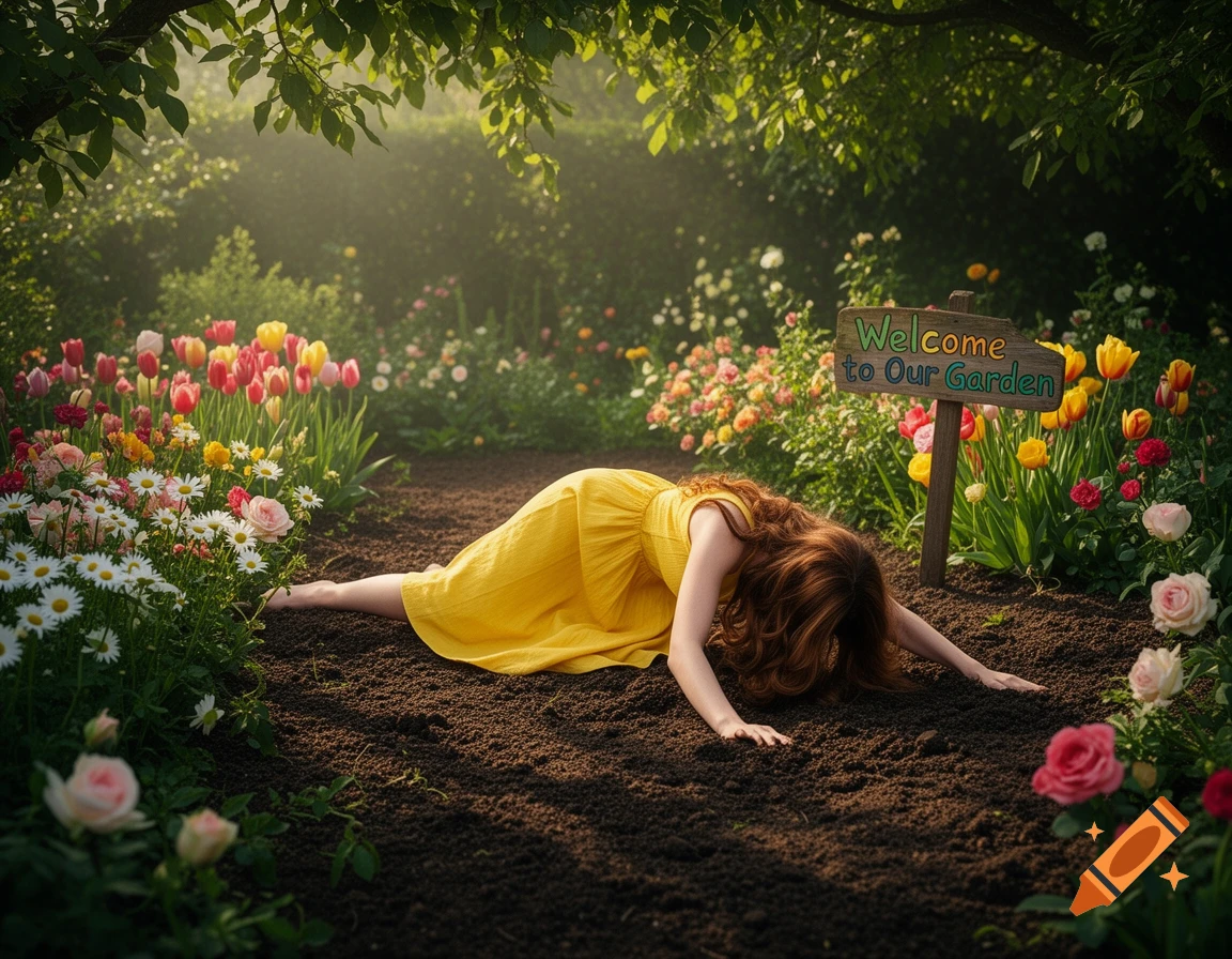 Woman in yellow dress face down in garden dirt, surrounded by colorful flowers and a 'Welcome to Our Garden' sign.