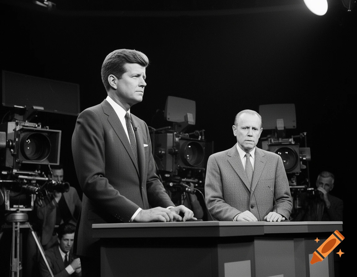 Black and white photo of two men, one resembling John F. Kennedy, at podiums in a 1960s TV debate studio with cameras and crew.