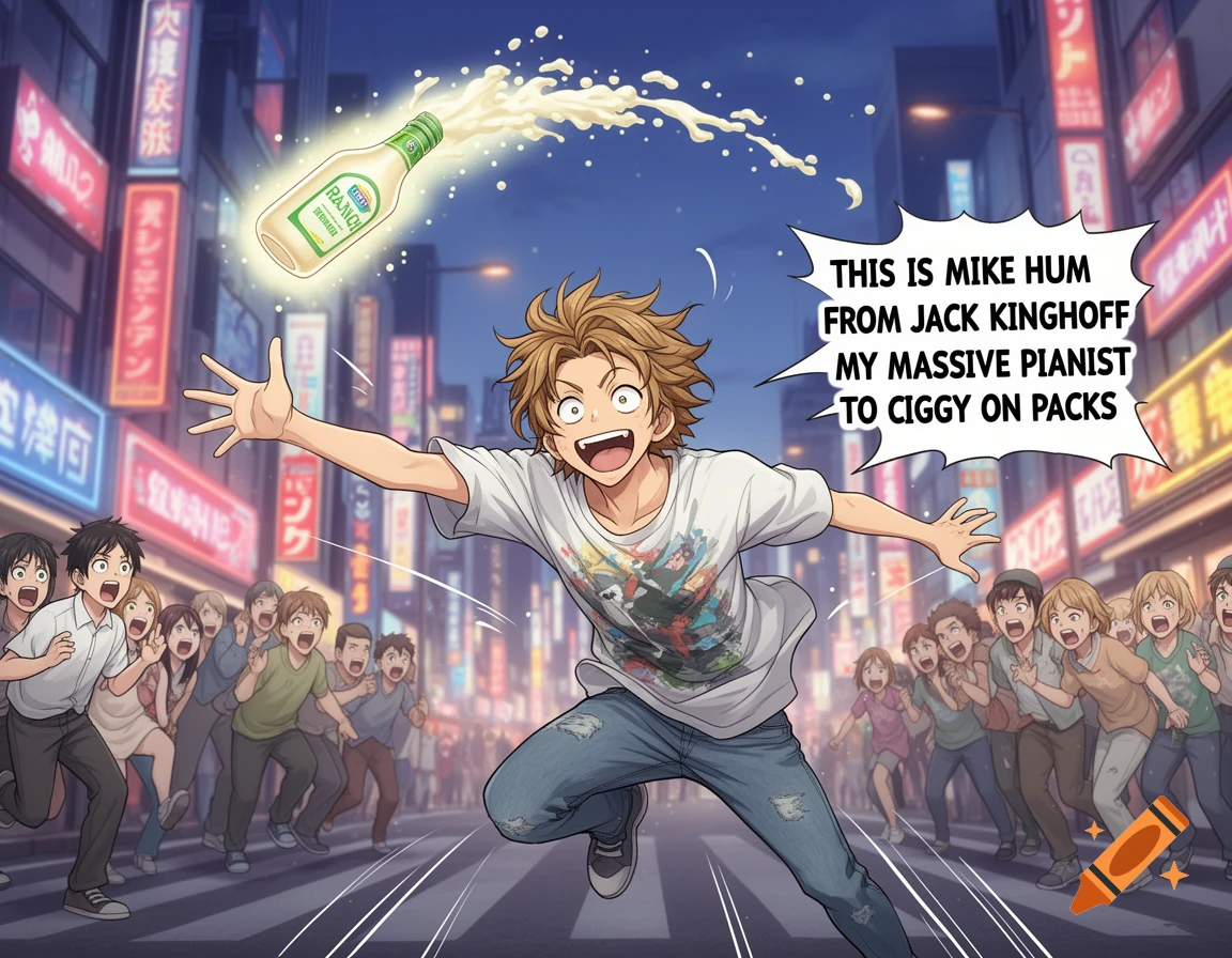 An excited anime boy with spiky hair runs through a neon-lit city street, throwing a glowing bottle of ranch sauce, while a crowd reacts.