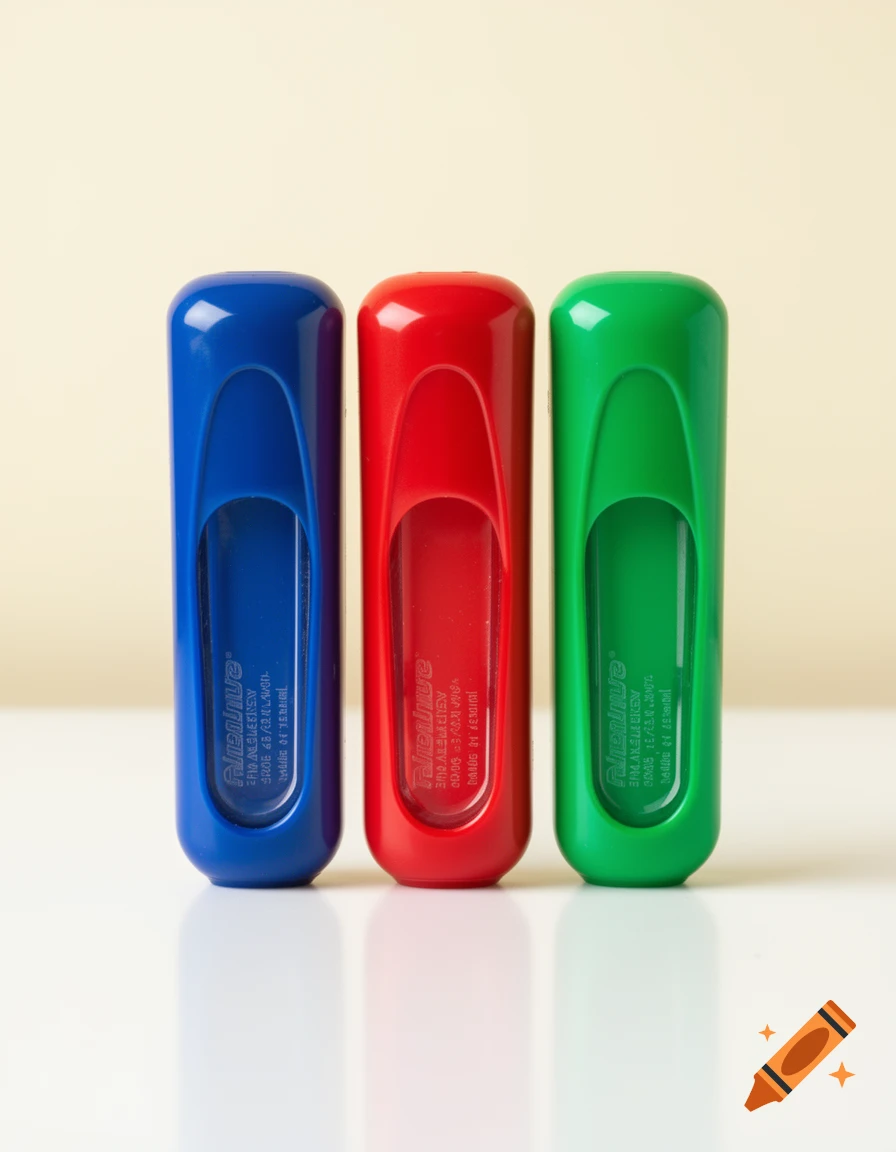 Three colorful glue sticks, blue, red, and green, stand upright on a white surface with reflections.