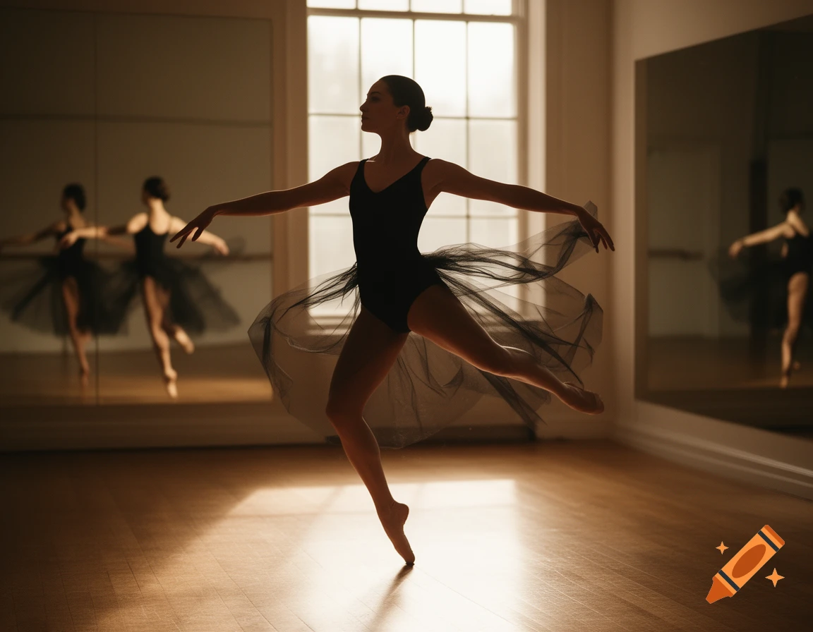 A female ballet dancer in a black leotard and sheer tutu performs a graceful pose in a sunlit studio with mirrors.