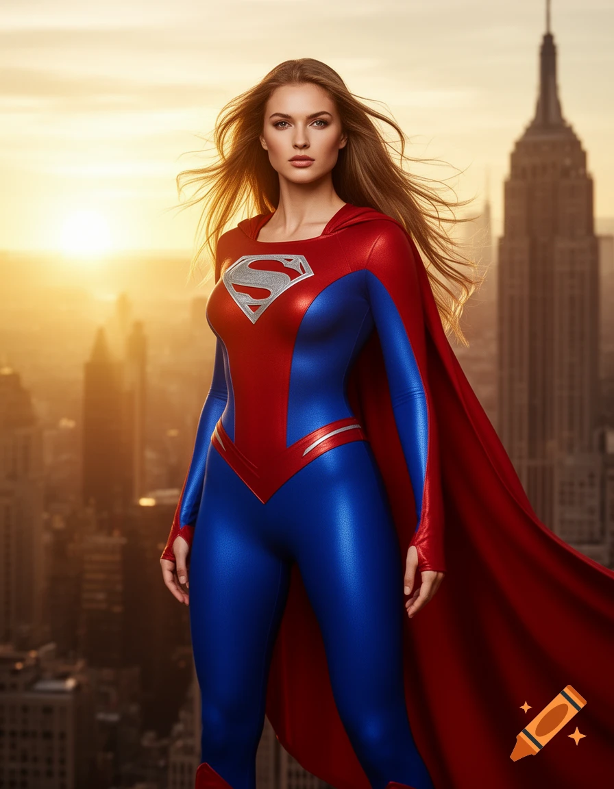 Photorealistic image of a beautiful woman in a red and blue superhero costume, standing on a rooftop overlooking a city at sunset.