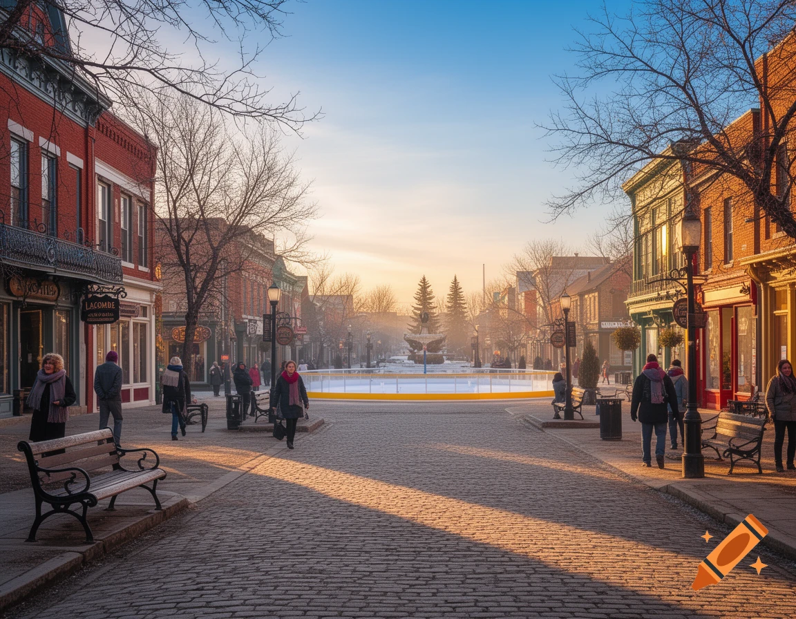 A quaint town street during winter with people walking, brick buildings, and an ice rink under a morning sky.