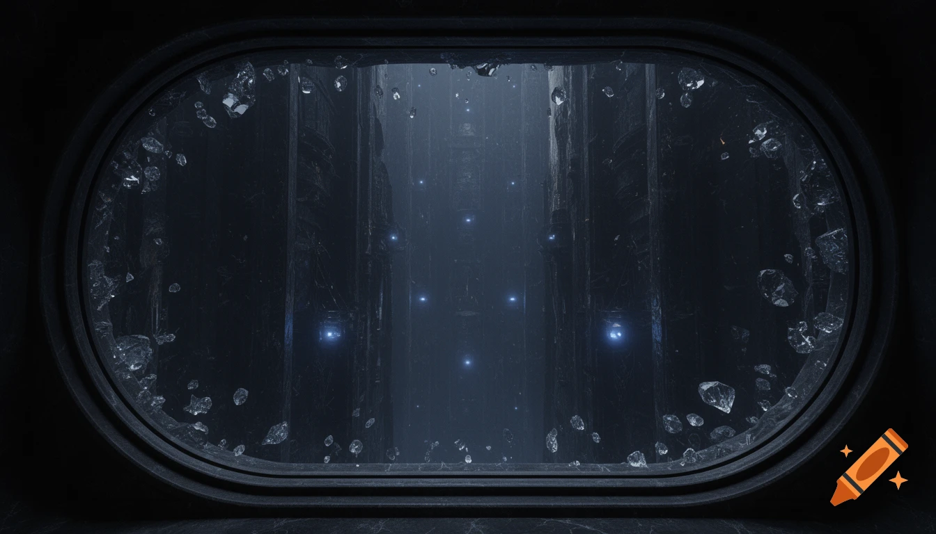 A dark, oval-shaped window with crystalline defects offers a view into a deep, mysterious shaft with faint blue lights.