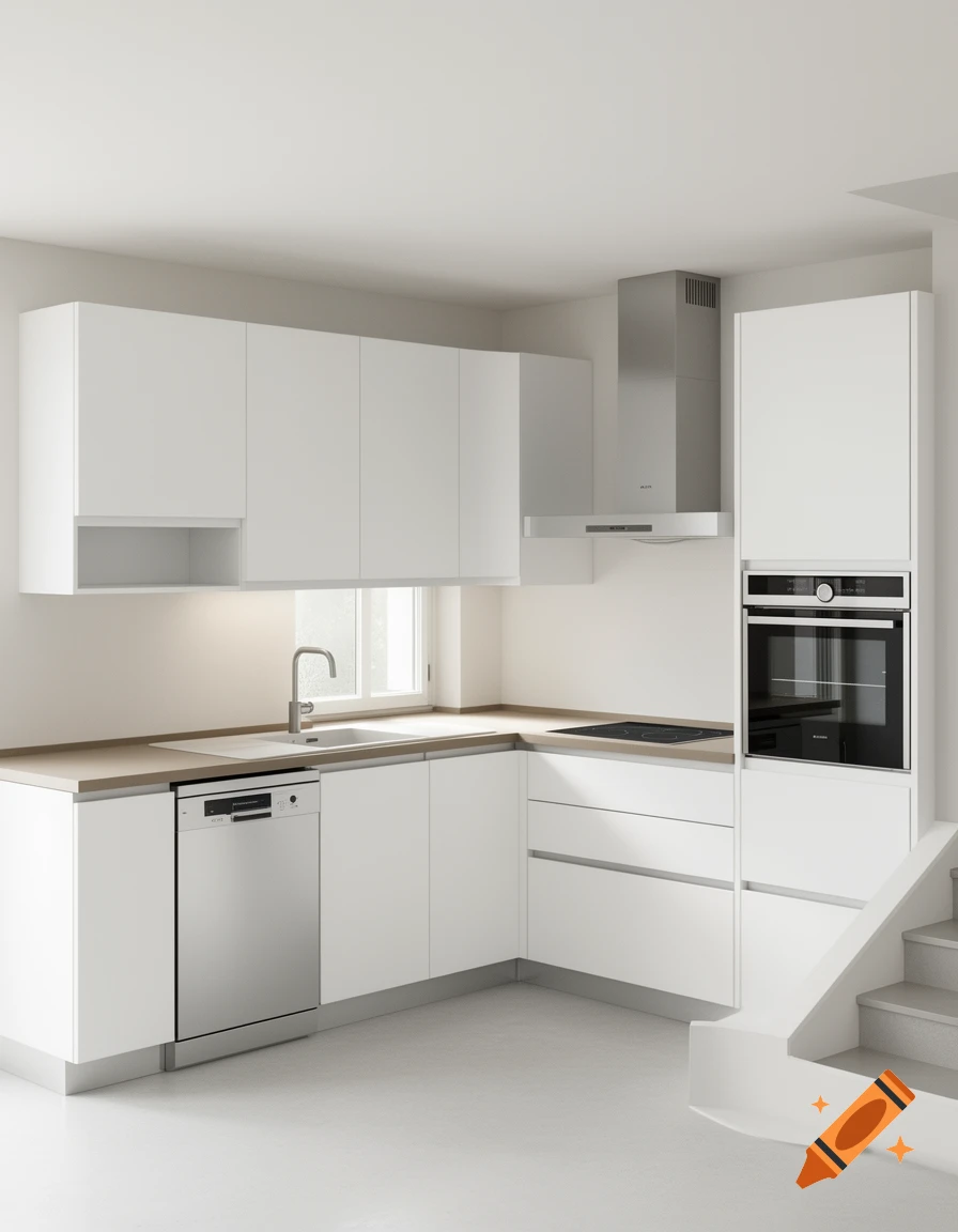 A pristine modern L-shaped kitchen with white matte cabinets, a light wood countertop, and stainless steel appliances, including a dishwasher, sink, induction cooktop, and built-in oven.