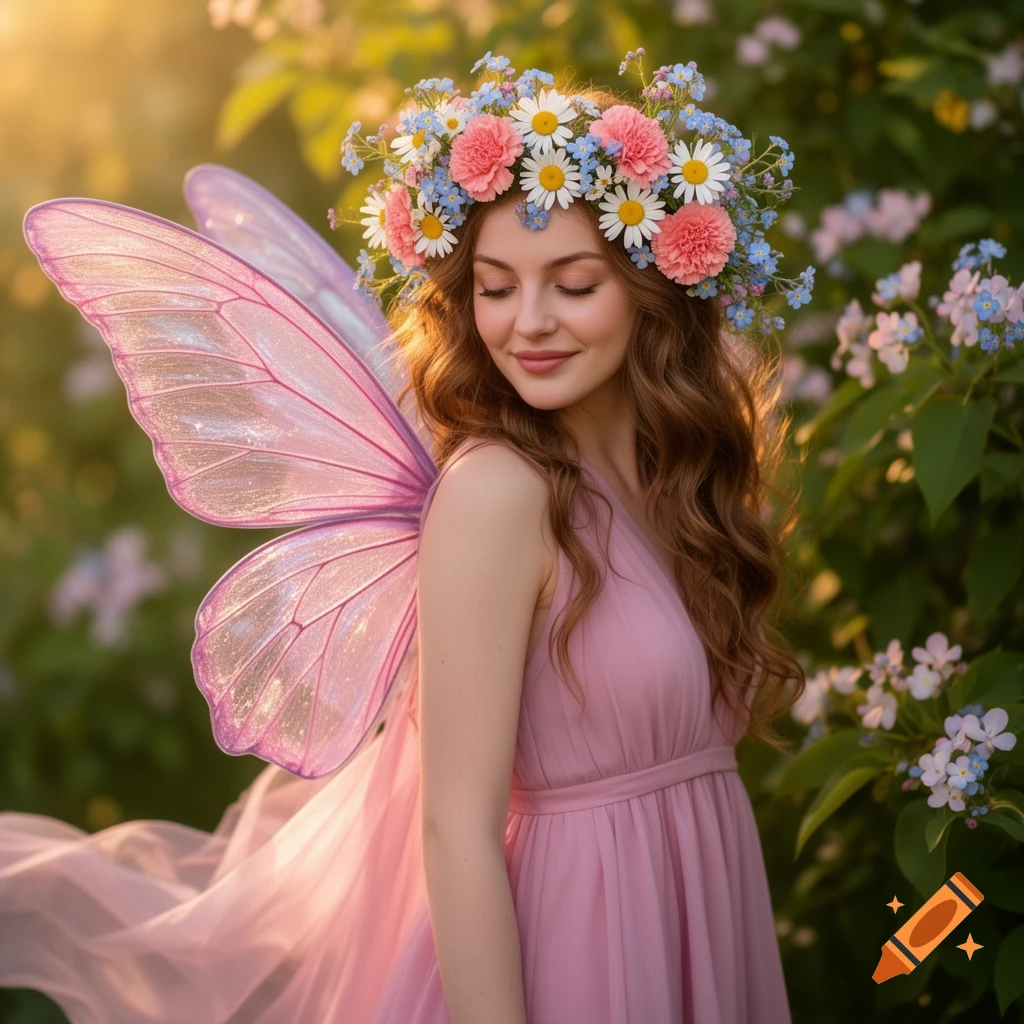 A serene fairy in a pink dress with translucent wings and a flower crown, eyes closed, in a sunlit garden.