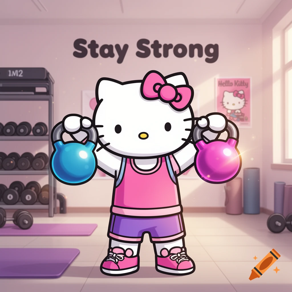 Hello Kitty in a pink top and purple shorts lifts blue and pink kettlebells in a stylized gym.