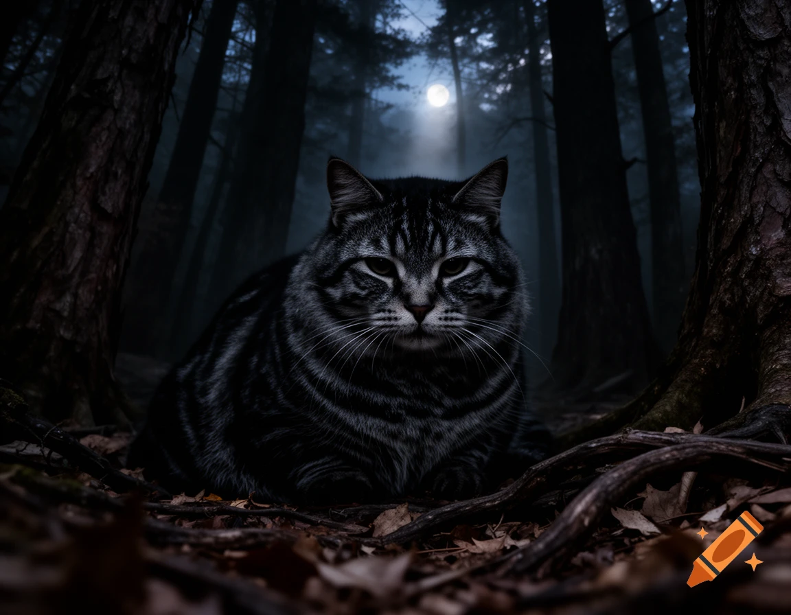 A massive, dark tabby cat sits intently on fallen leaves in a misty, moonlit forest at night.