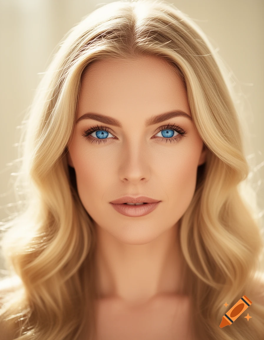 Photorealistic close-up portrait of a blonde woman with striking blue eyes.