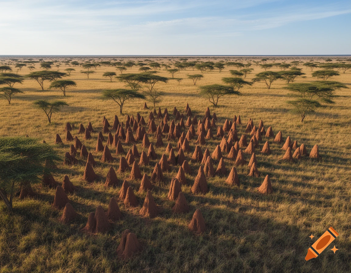 A vast, sunny savanna landscape with numerous reddish-brown anthills and acacia trees under a clear blue sky.