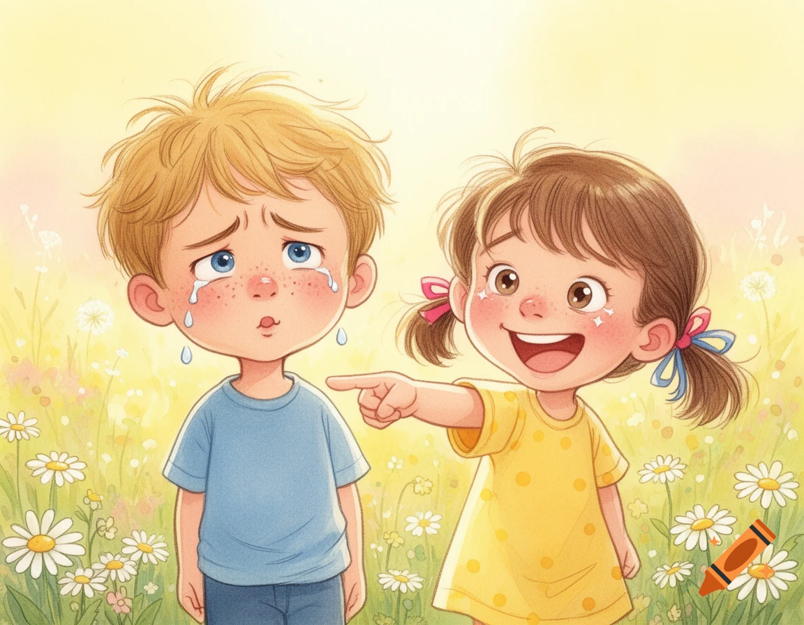 A sad boy cries tears while a happy girl points and laughs in a sunny field of daisies, in a children's illustration style.