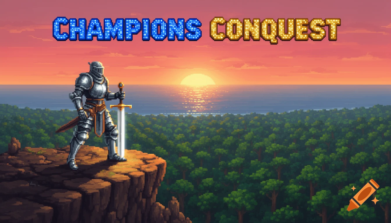 A pixelated knight stands on a cliff overlooking a forest and ocean at sunset, with "CHAMPIONS CONQUEST" text at the top.