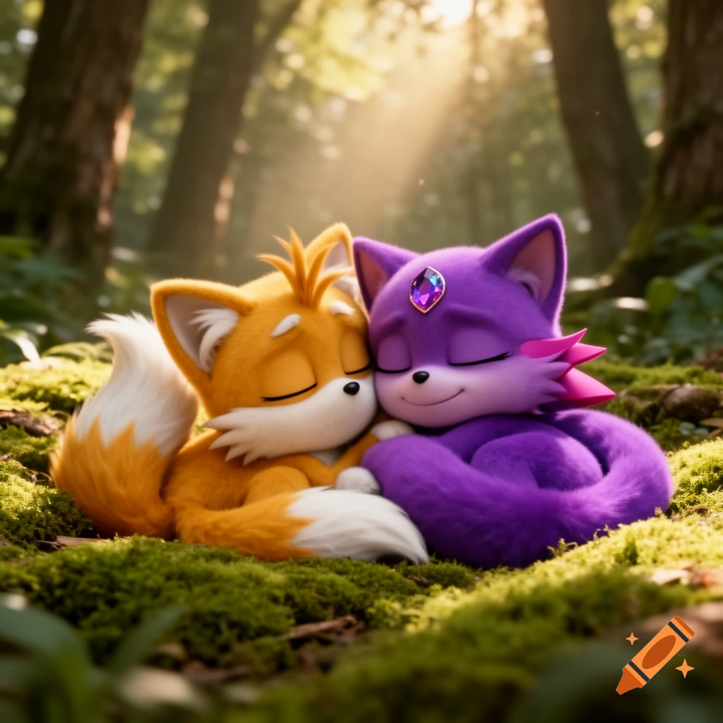 Fluffy orange fox Tails Prower and purple cat Blaze the Cat cuddle on a mossy forest floor with sunlight streaming through trees.