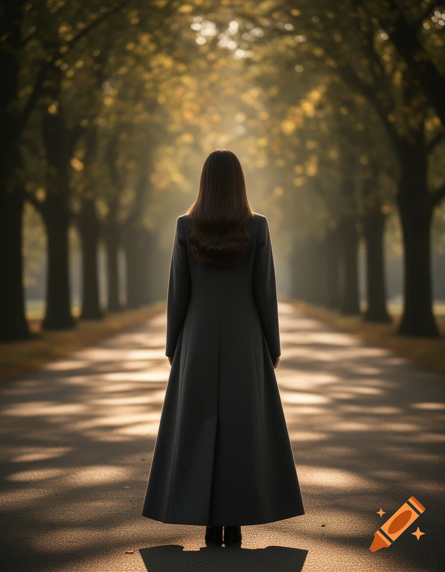 Woman from behind in a long coat stands on a sunlit path lined with trees.