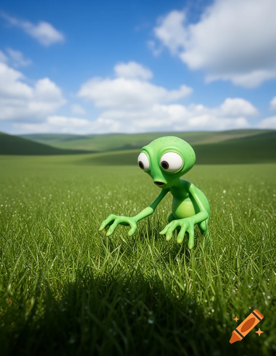 A cute green cartoon alien with large eyes crouches in a vast, sunny field of green grass under a blue sky.