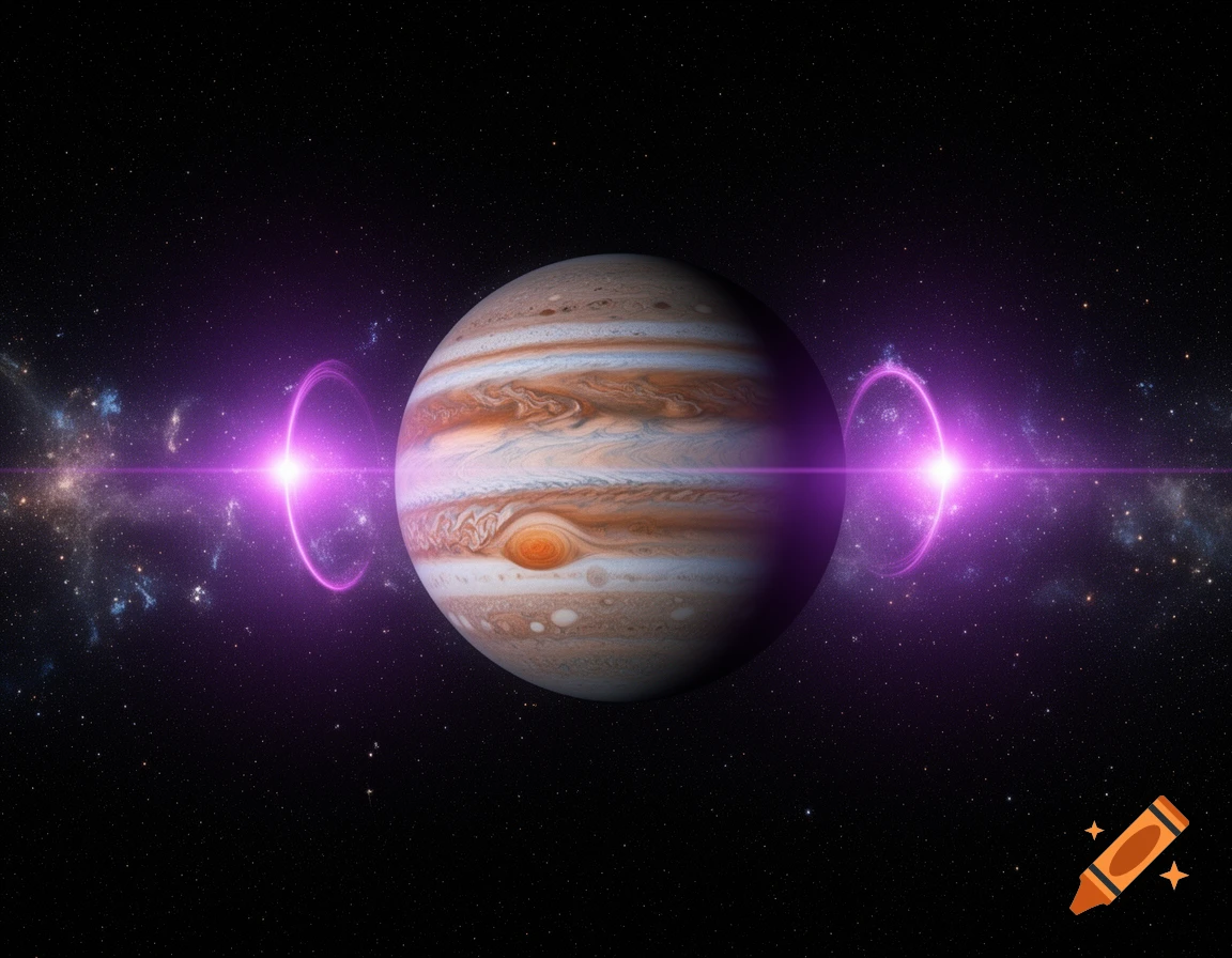 Jupiter with vibrant purple magnetic pulsars and light rays in deep space with stars and nebulae.