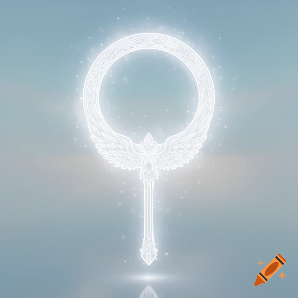A glowing white angelic scepter with a decorative ring and wings, against a soft blue and white background.