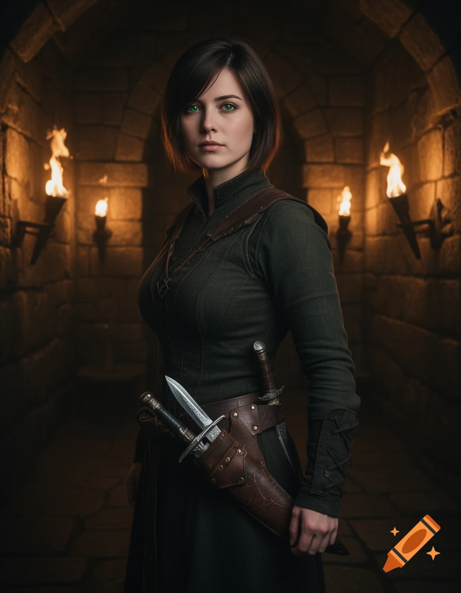 A female fantasy rogue with short dark hair and green eyes, wearing dark green attire with daggers, stands in a torch-lit stone dungeon.