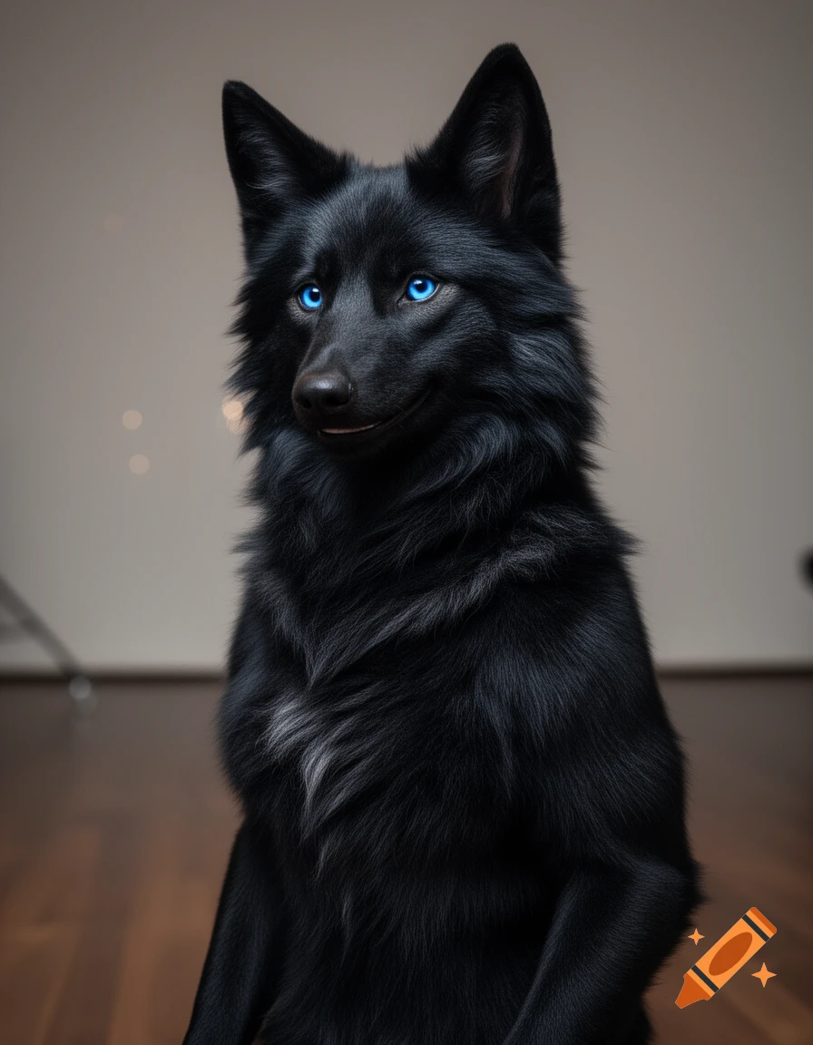 A black wolf-like dog with striking blue eyes sits indoors, looking towards the left.