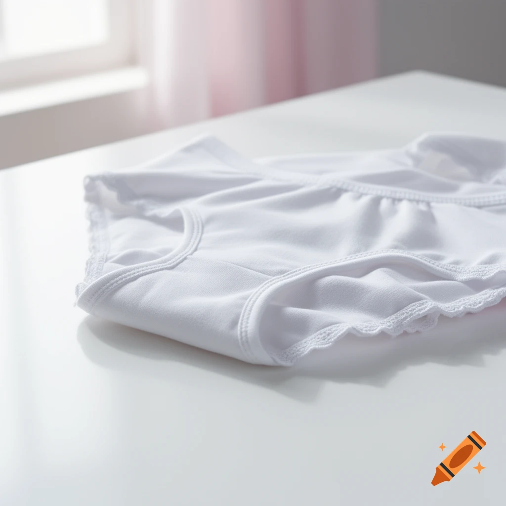 A pair of white children's underwear with delicate lace trim, folded on a white surface.