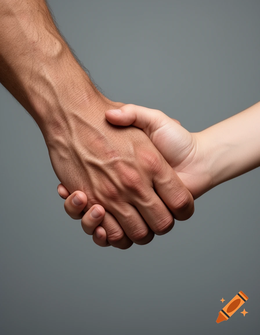 Photorealistic close-up of a male and female hand holding against a gray background.