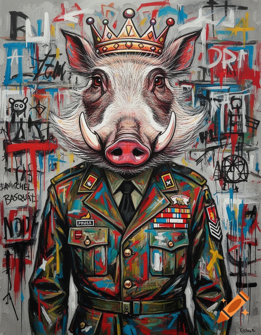 A stylized painting of a warthog's head with a crown, on a human body wearing a colorful military uniform, in the style of Basquiat. The background is covered in abstract graffiti.