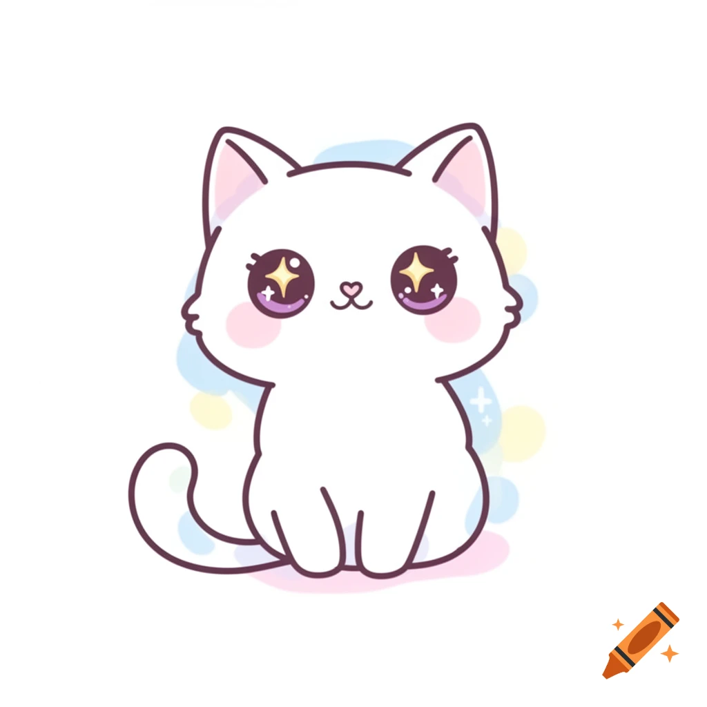 A cute white cartoon cat with large sparkling purple eyes and pink cheeks, outlined in brown, sitting against a pastel background.