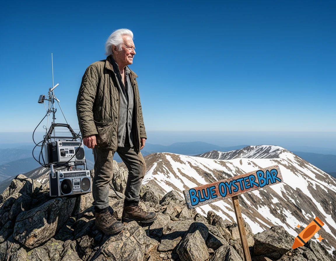 An elderly man stands on a rocky mountain peak with boomboxes, radio equipment, and a sign for 'BLUE OYSTER BAR', overlooking snowy mountains.
