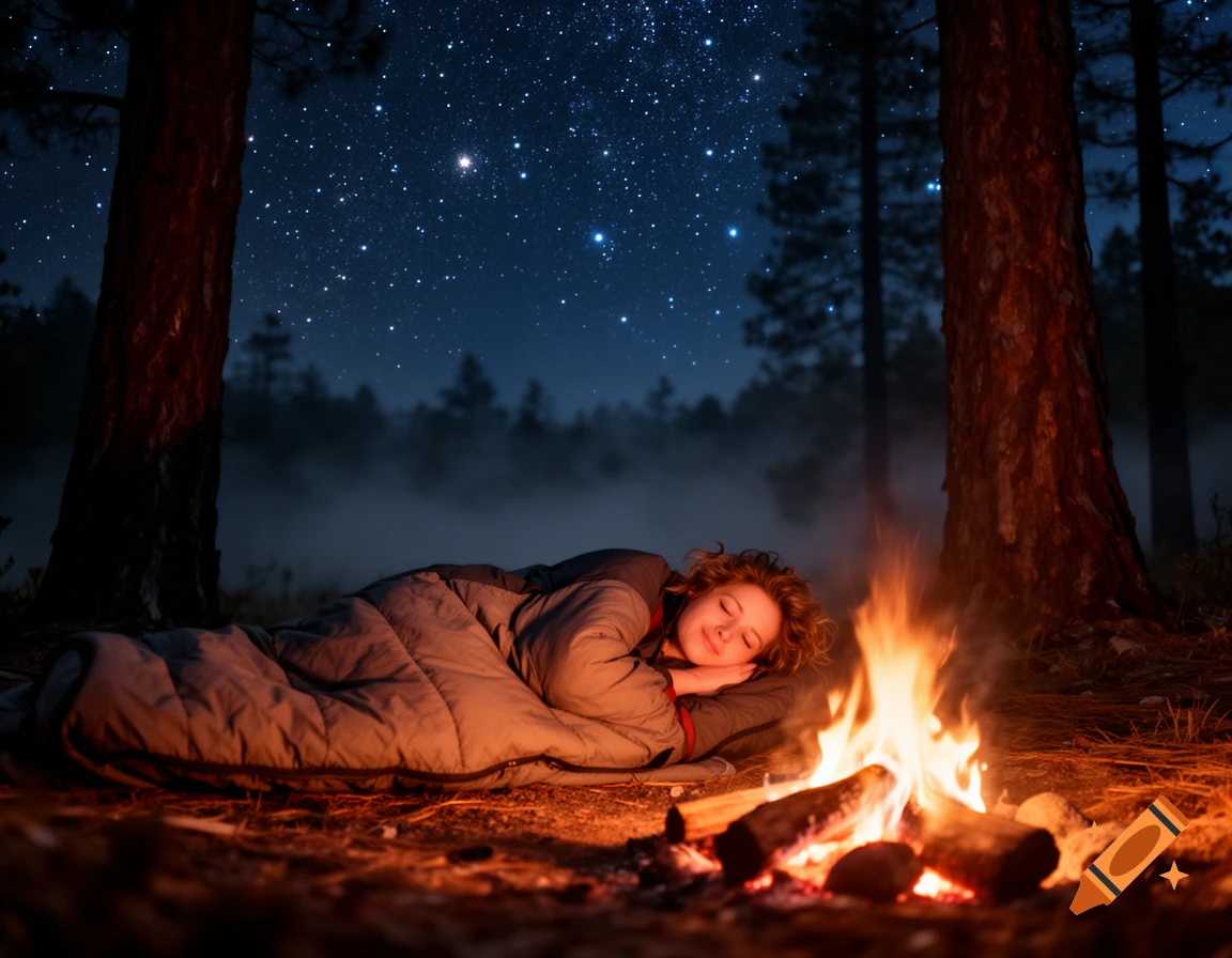 Person sleeping in a bedroll by a campfire under a clear, starry night sky in a forest, photorealistic.