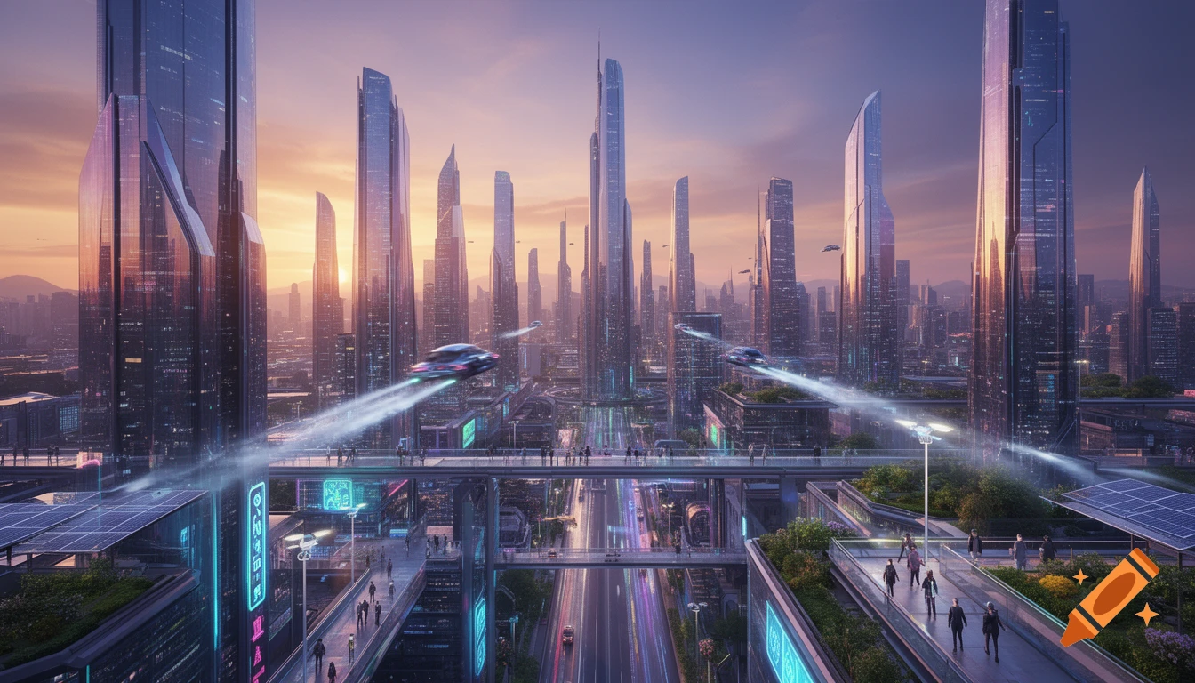 A vibrant, photorealistic futuristic cityscape at sunset, with tall glass skyscrapers, elevated walkways with people, and flying cars leaving light trails.