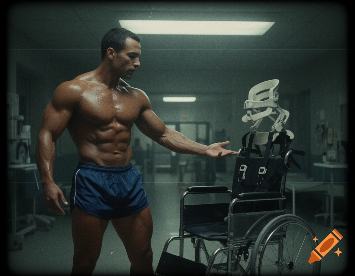 A super muscular shirtless man in shorts gestures towards a wheelchair with a neck brace in a grainy, eerie VHS-style physical therapy room.