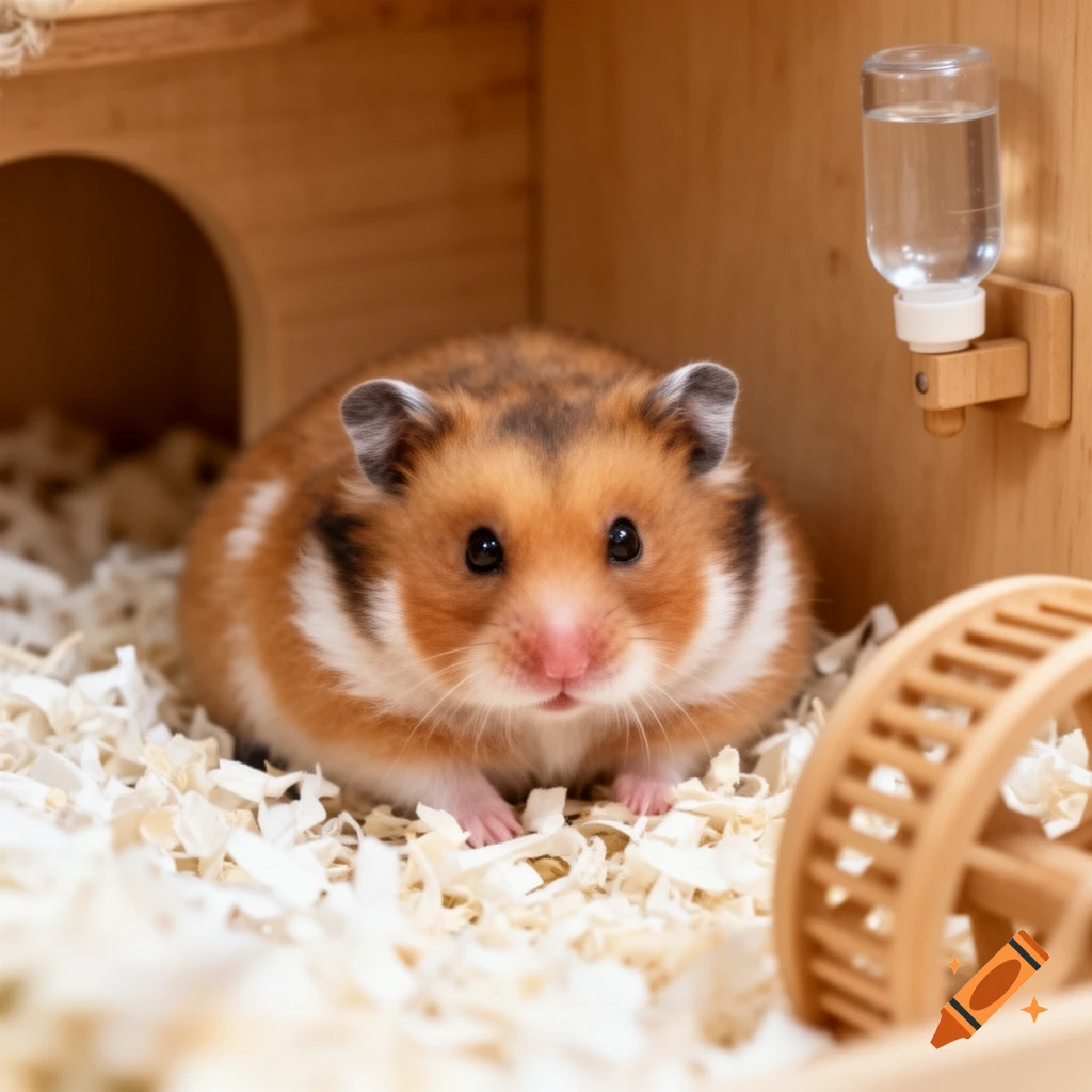 A fluffy brown and white hamster sits in a wooden cage filled with wood shavings, next to a water bottle and a wooden wheel.