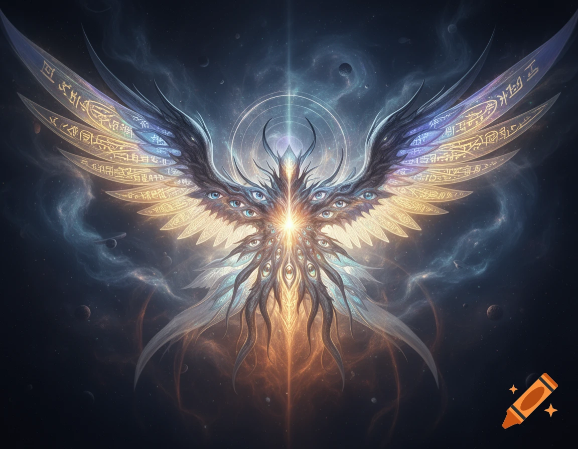 A cosmic Lovecraftian angel or deity with multiple eyes and glowing, winged structures covered in glyphs, against a dark starry sky.