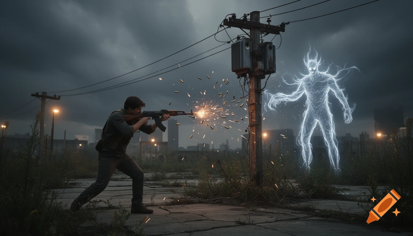 A man fires an AK47 rifle at a glowing, horned evil entity in a desolate urban landscape under a stormy sky.