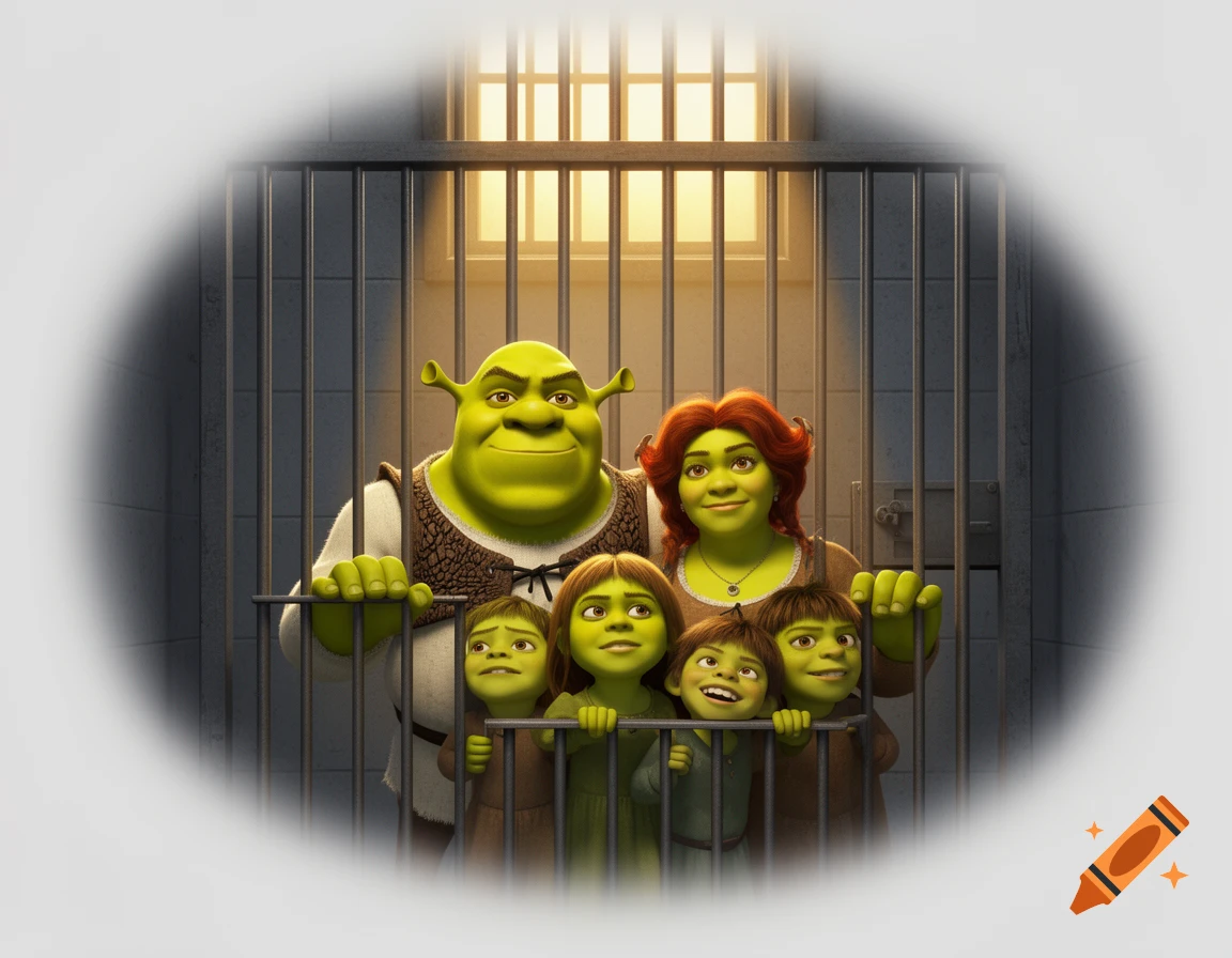 Shrek, Fiona, and their three ogre children look out from behind prison bars, depicted in an animated style.