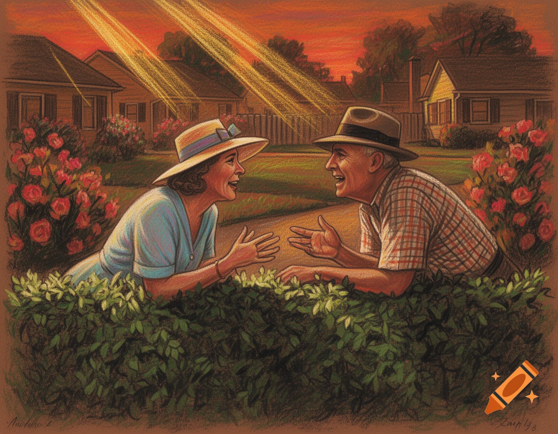 A man and woman in hats talk over a hedge in a pastel illustration of a 1950s suburban street at sunset.