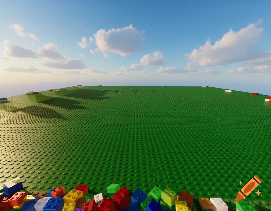 A vast green studded baseplate under a blue sky with white clouds, with colorful building bricks scattered in the foreground.