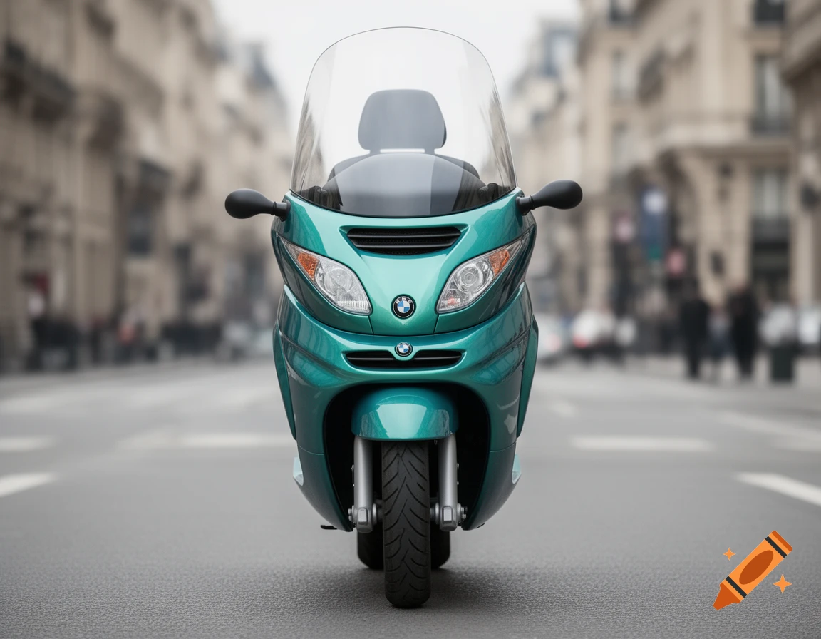 A teal BMW C1 scooter with a large windshield is parked on an asphalt street with blurred city buildings in the background.