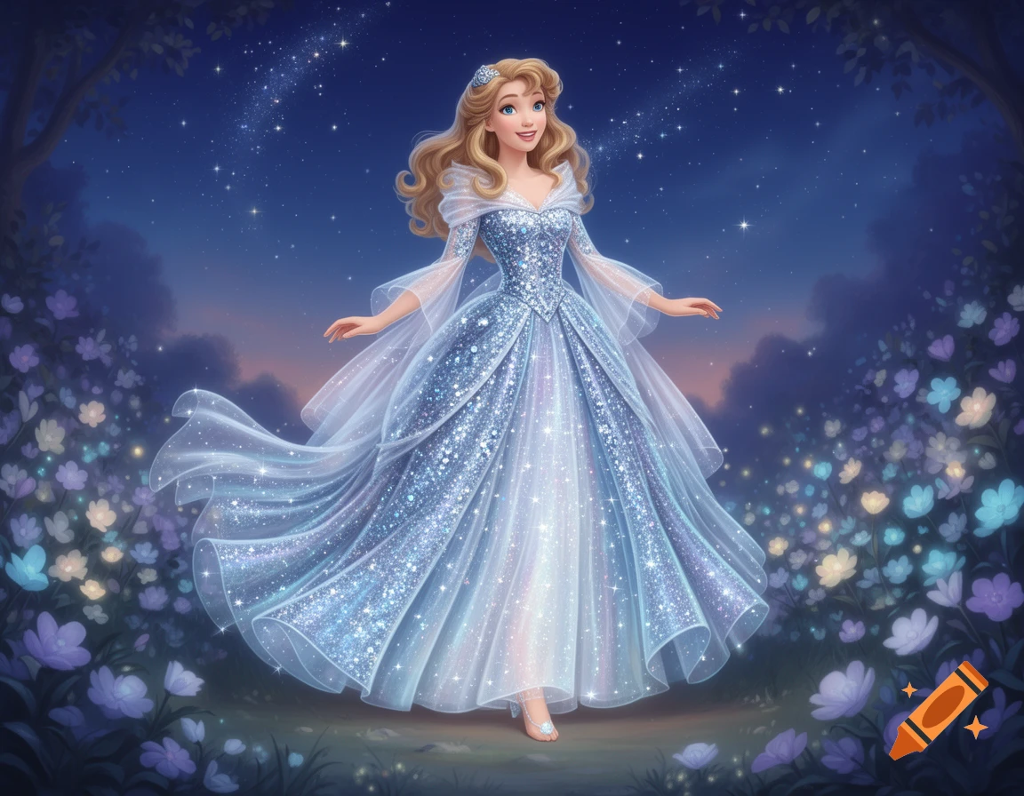 A fairytale princess with blonde hair and a shimmering blue gown stands in an enchanted forest at night under a starry sky.