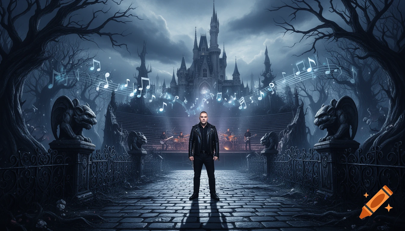 A man in a leather jacket stands on a cobblestone path before a dark gothic castle with a band and floating musical notes.
