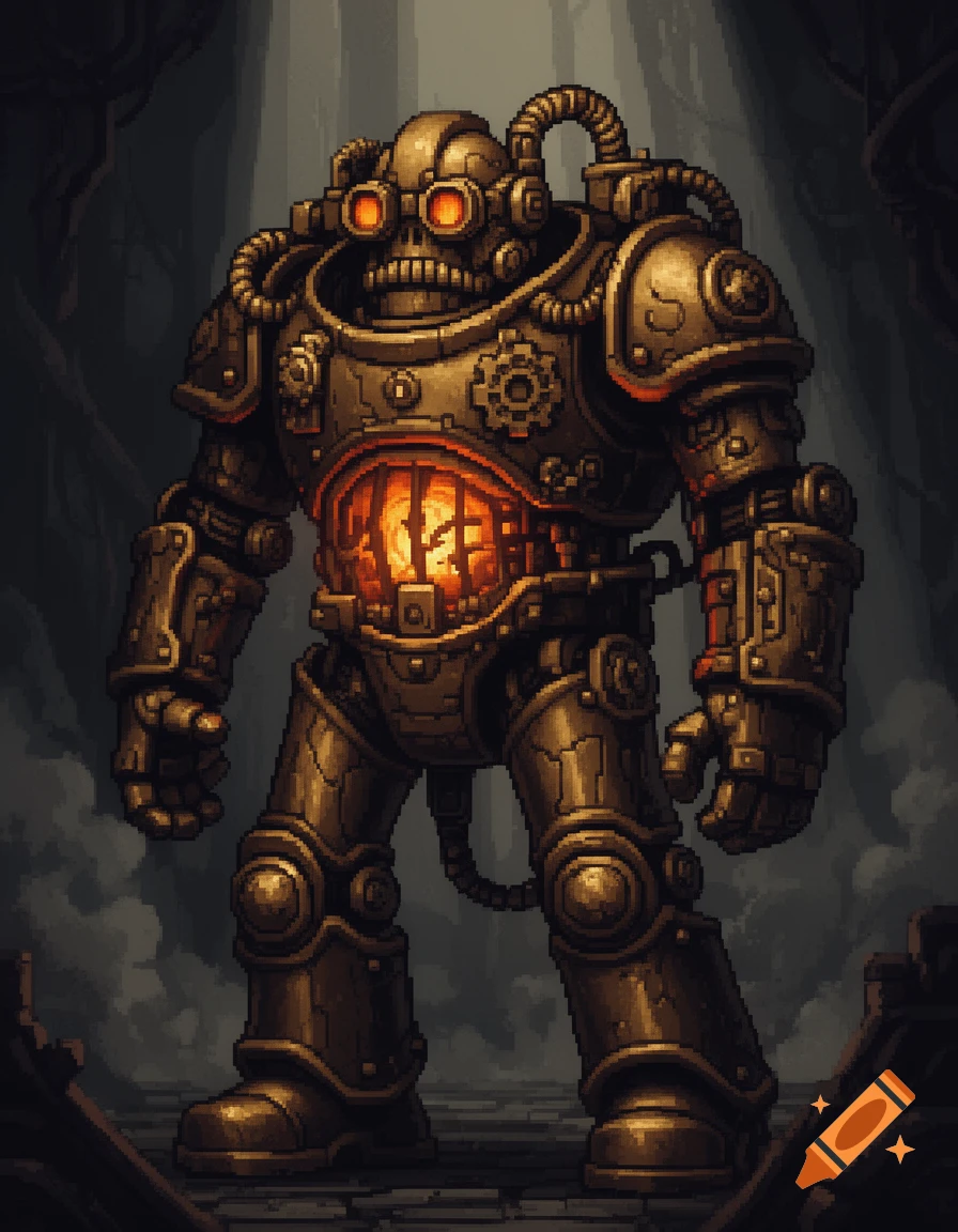 A pixel art steampunk robot soldier with a glowing furnace core in a dark, cave-like setting.