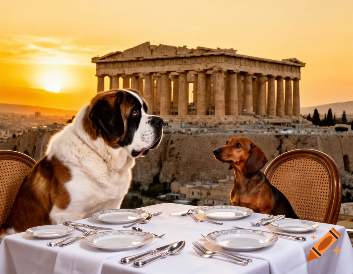 A Saint Bernard and a Dachshund sit at a white-clothed table set with dinnerware, gazing at the Parthenon during sunset.