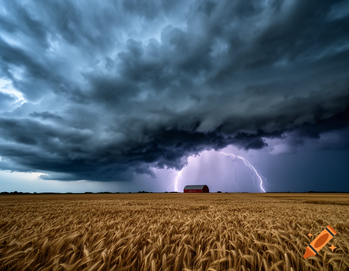 A dramatic lightning storm illuminates a red barn in a golden wheat field under dark, swirling clouds.