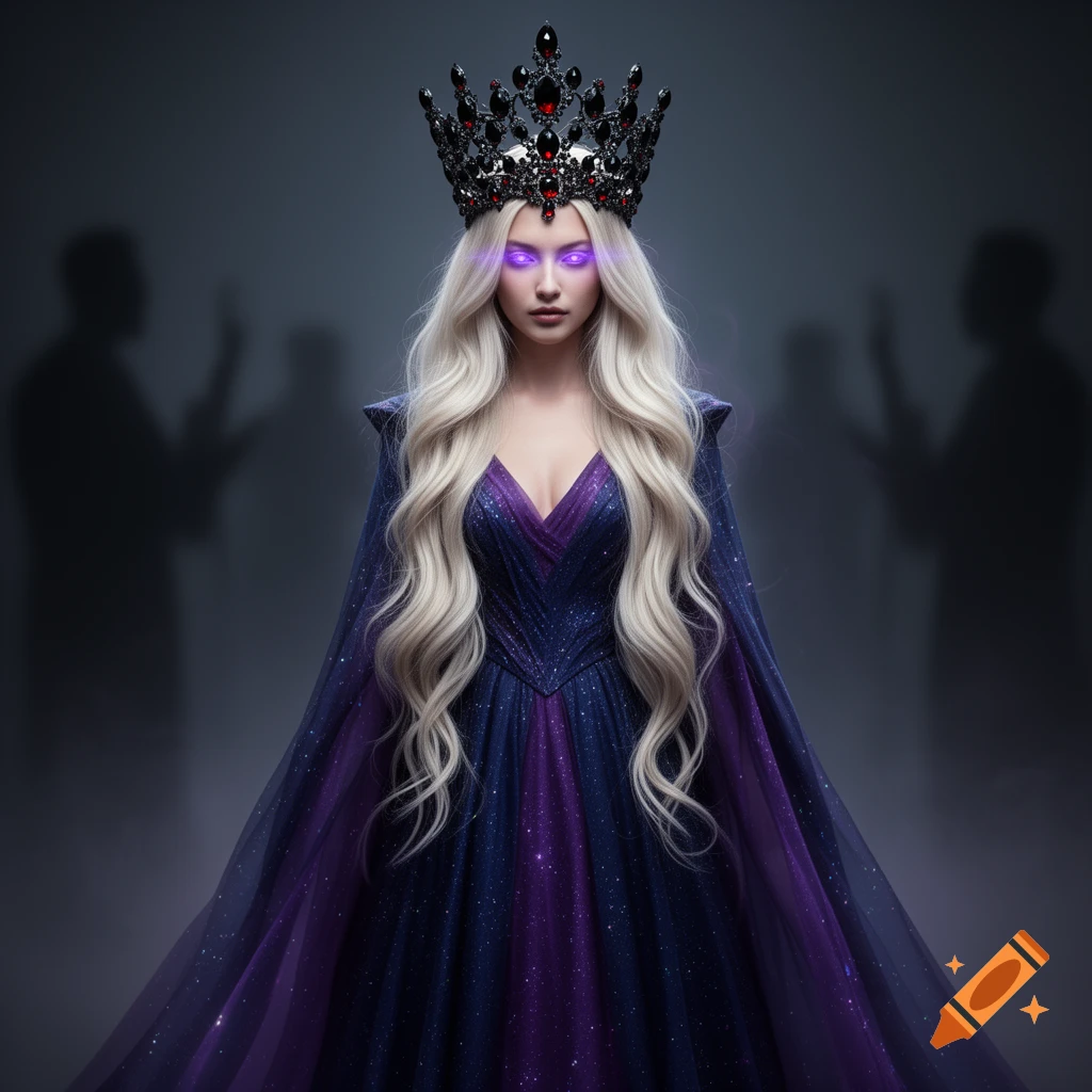 A queen with long platinum blonde hair, purple glowing eyes, and a black jeweled crown wears a sparkling blue and purple gown.